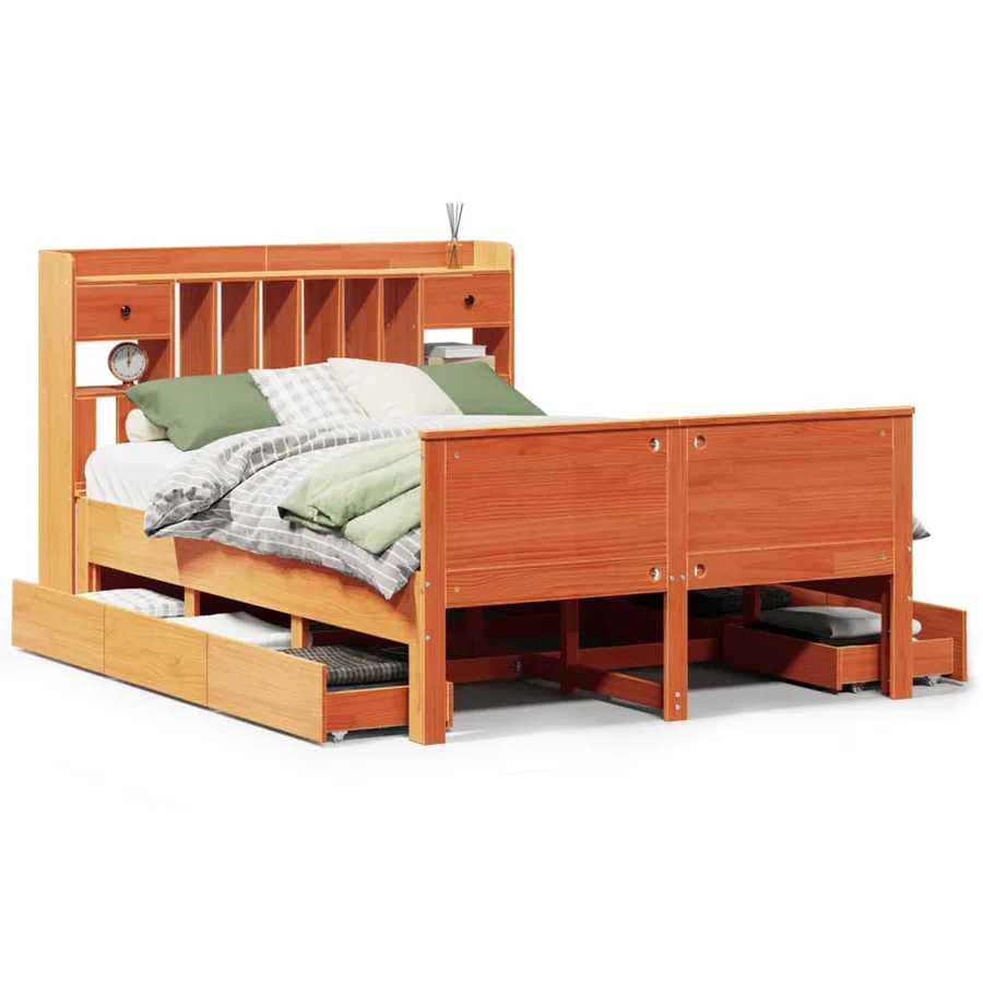 Lit bibliothèque sans matelas cire marron 140x200 cm pin massif - 2