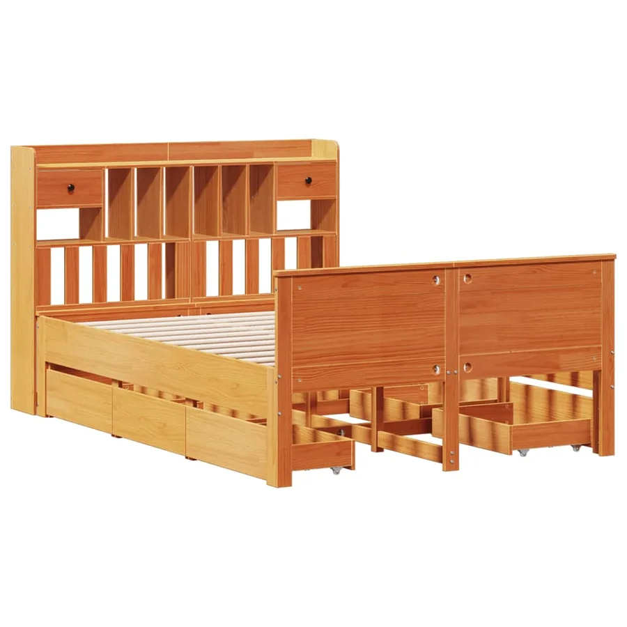 Lit bibliothèque sans matelas cire marron 140x200 cm pin massif - 3
