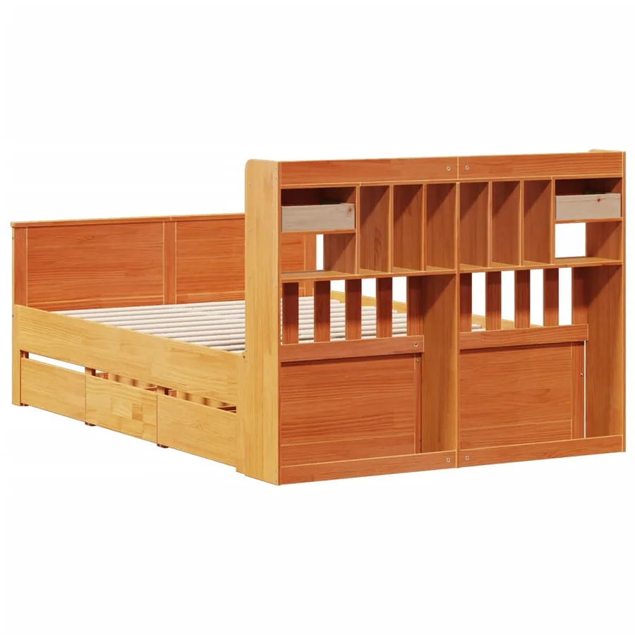 Lit bibliothèque sans matelas cire marron 140x200 cm pin massif - 6