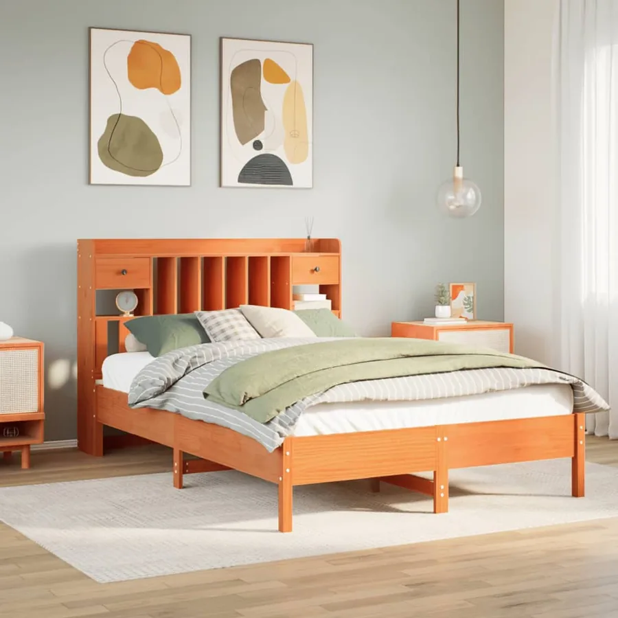 Lit bibliothèque sans matelas cire marron 140x190 cm pin massif