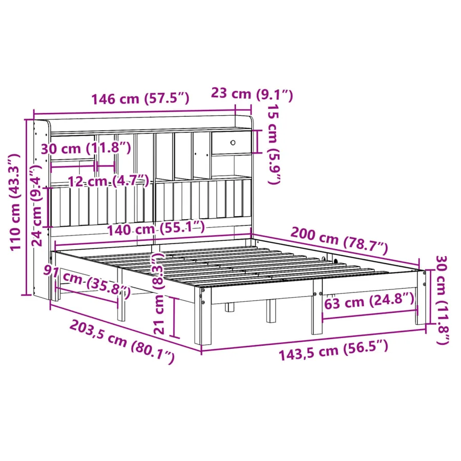 Lit bibliothèque sans matelas cire marron 140x200 cm pin massif - 11