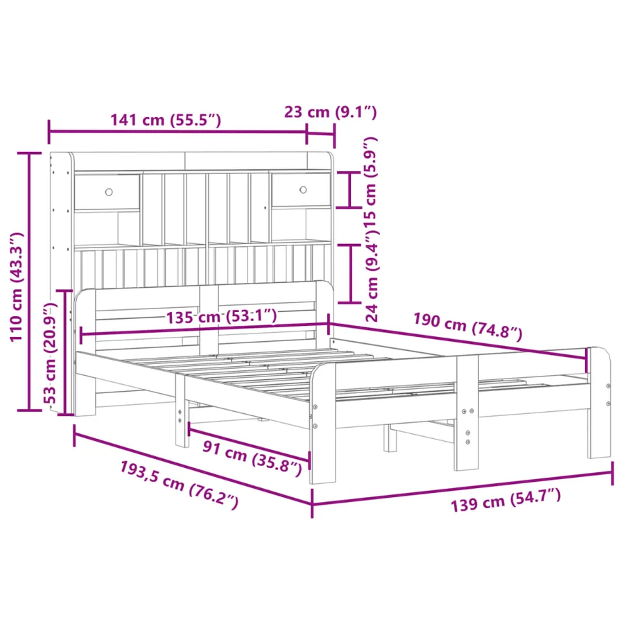 Lit bibliothèque sans matelas blanc 135x190 cm bois pin massif - 11