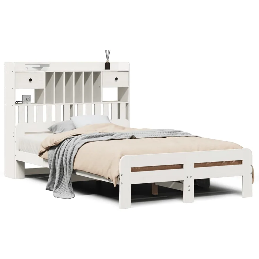 Lit bibliothèque sans matelas blanc 135x190 cm bois pin massif - 2