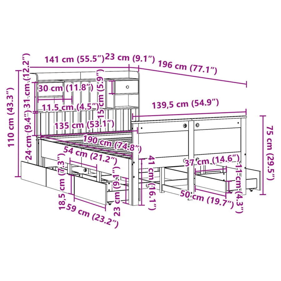 Lit bibliothèque sans matelas blanc 135x190 cm bois pin massif - 16