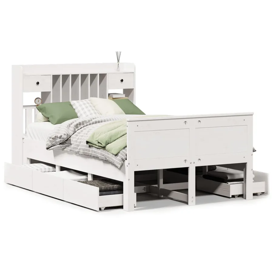 Lit bibliothèque sans matelas blanc 135x190 cm bois pin massif - 2