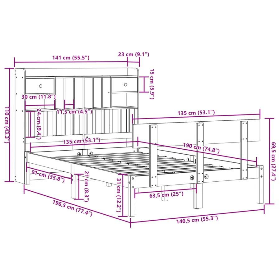 Lit bibliothèque sans matelas blanc 135x190 cm bois pin massif - 11