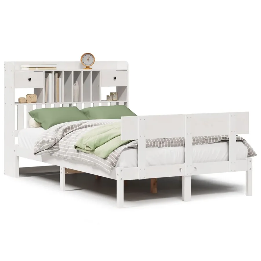 Lit bibliothèque sans matelas blanc 135x190 cm bois pin massif - 2