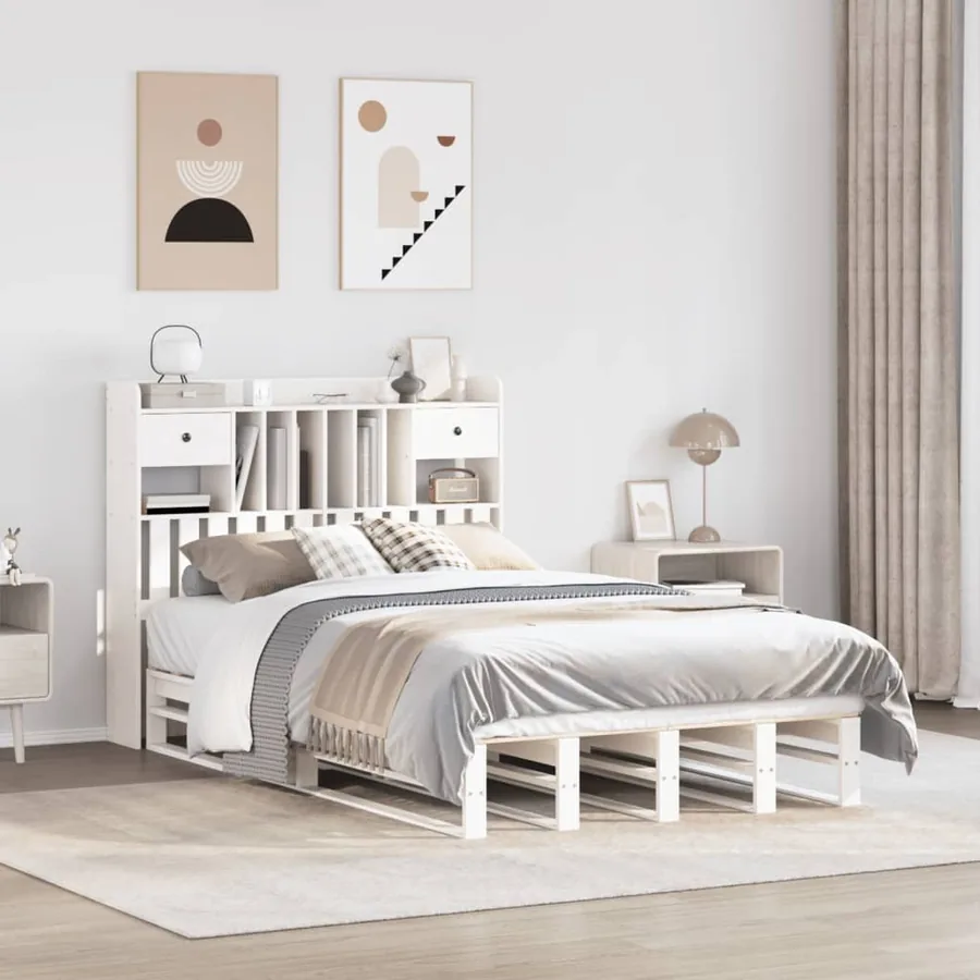 Lit bibliothèque sans matelas blanc 135x190 cm bois pin massif