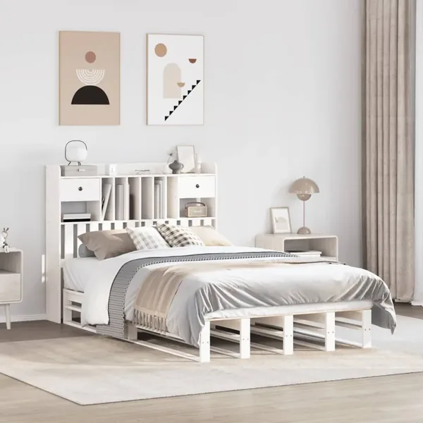 Lit bibliothèque sans matelas blanc 135x190 cm bois pin massif