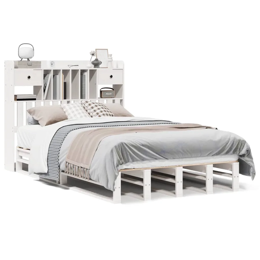 Lit bibliothèque sans matelas blanc 135x190 cm bois pin massif - 2