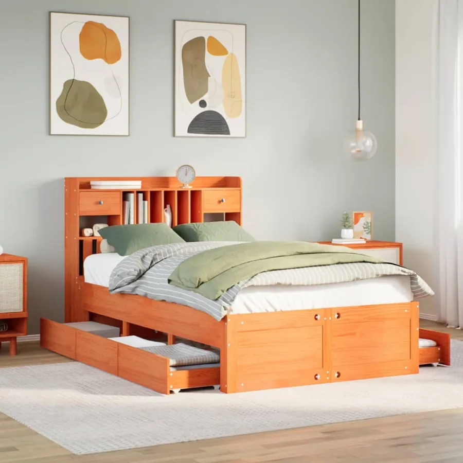Lit bibliothèque sans matelas cire marron 135x190 cm pin massif
