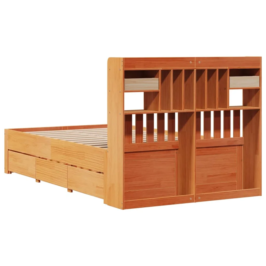 Lit bibliothèque sans matelas cire marron 135x190 cm pin massif - 11