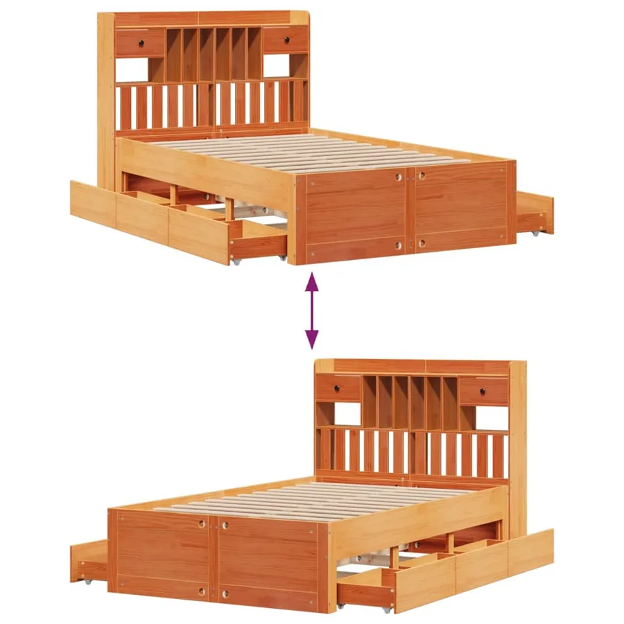 Lit bibliothèque sans matelas cire marron 135x190 cm pin massif - 12