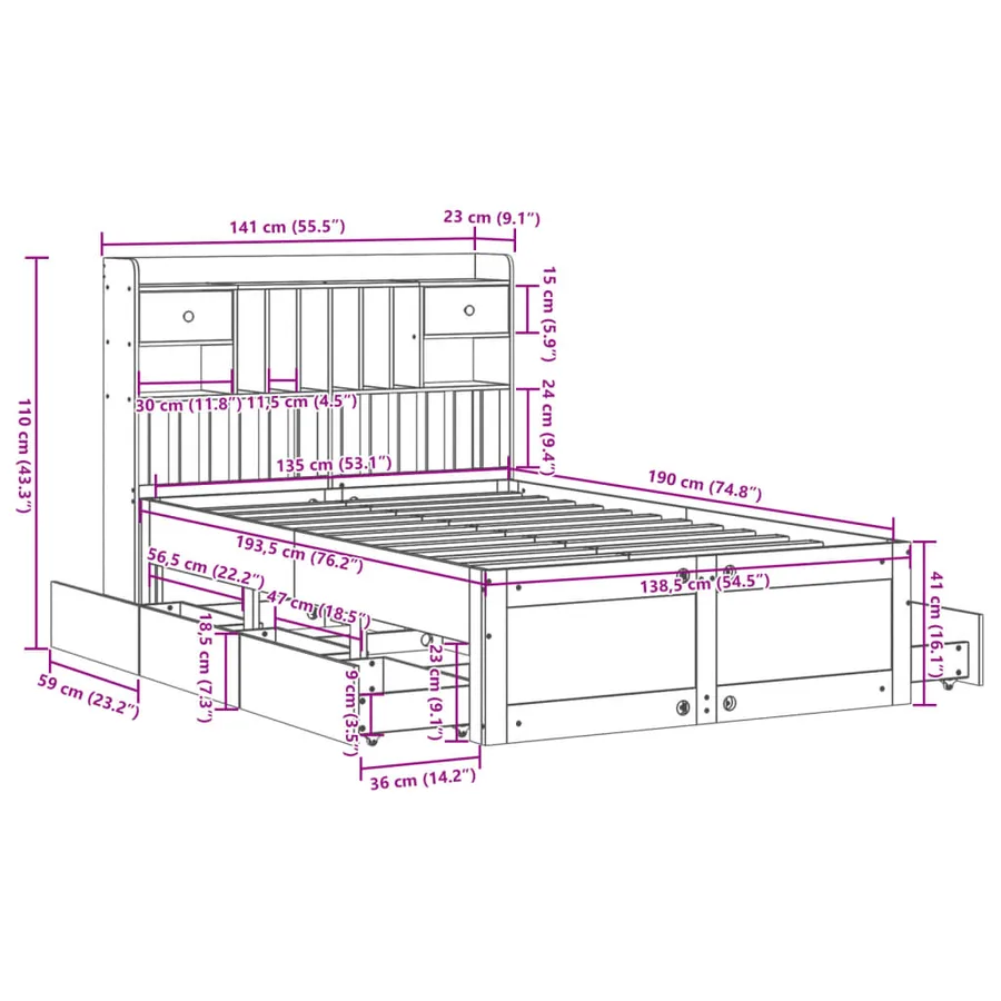 Lit bibliothèque sans matelas cire marron 135x190 cm pin massif - 16