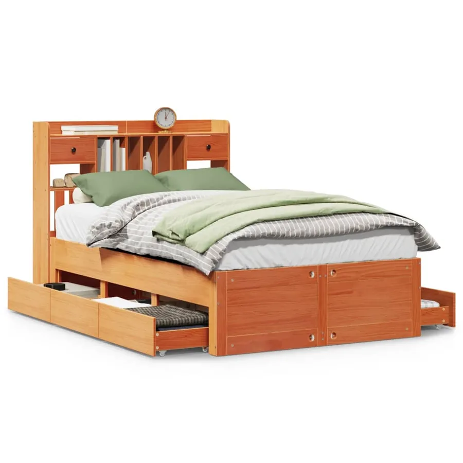 Lit bibliothèque sans matelas cire marron 135x190 cm pin massif - 2