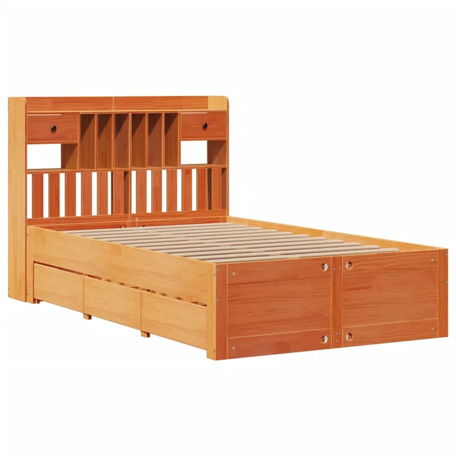 Lit bibliothèque sans matelas cire marron 135x190 cm pin massif - 3