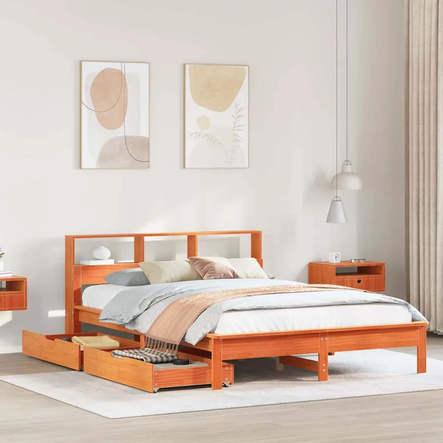 Lit bibliothèque sans matelas cire marron 150x200 cm pin massif