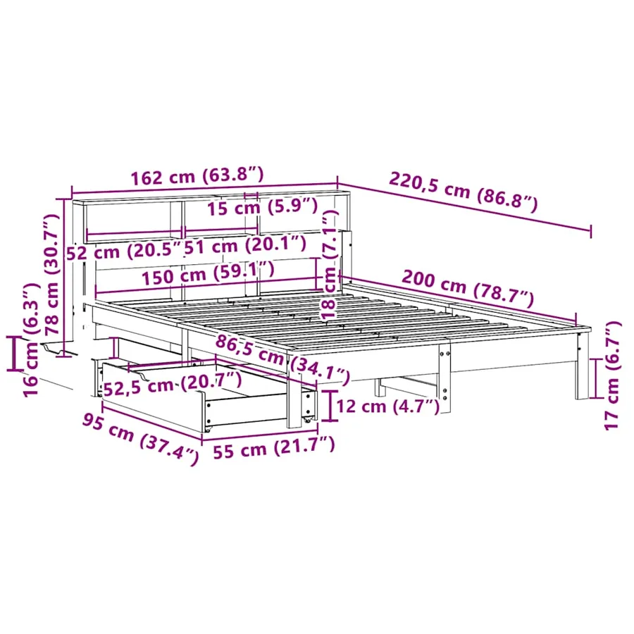 Lit bibliothèque sans matelas cire marron 150x200 cm pin massif - 12