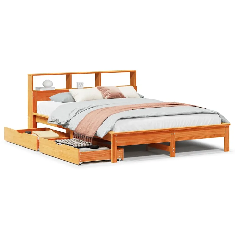 Lit bibliothèque sans matelas cire marron 150x200 cm pin massif - 2