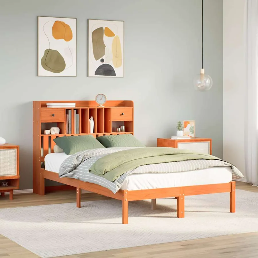 Lit bibliothèque sans matelas cire marron 135x190 cm pin massif