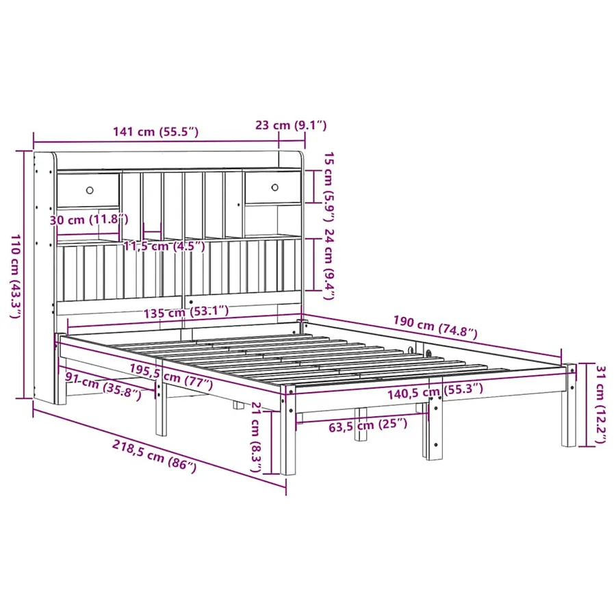 Lit bibliothèque sans matelas cire marron 135x190 cm pin massif - 11
