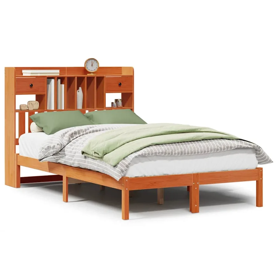 Lit bibliothèque sans matelas cire marron 135x190 cm pin massif - 2