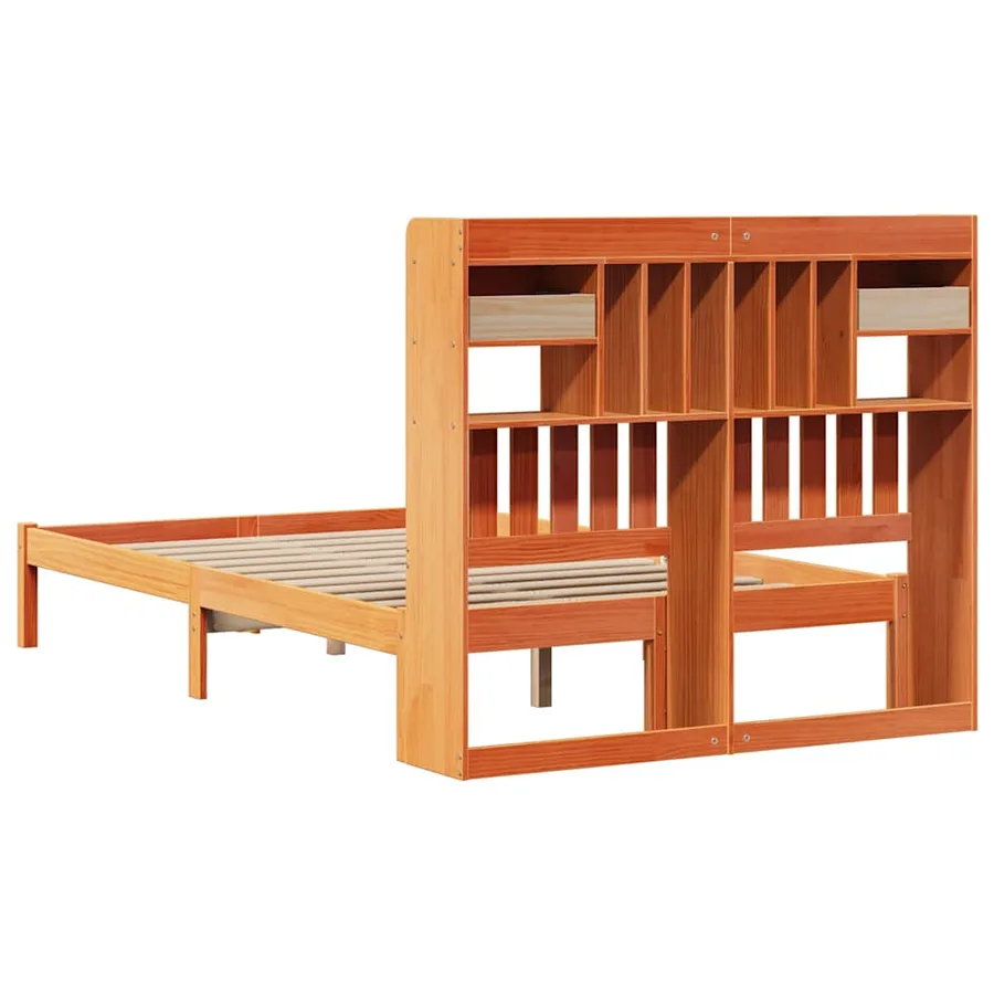 Lit bibliothèque sans matelas cire marron 135x190 cm pin massif - 8