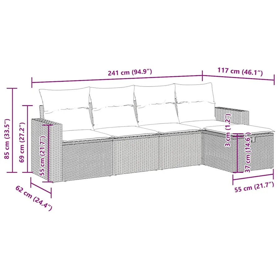 Salon de jardin 5 pcs avec coussins gris résine tressée - 12