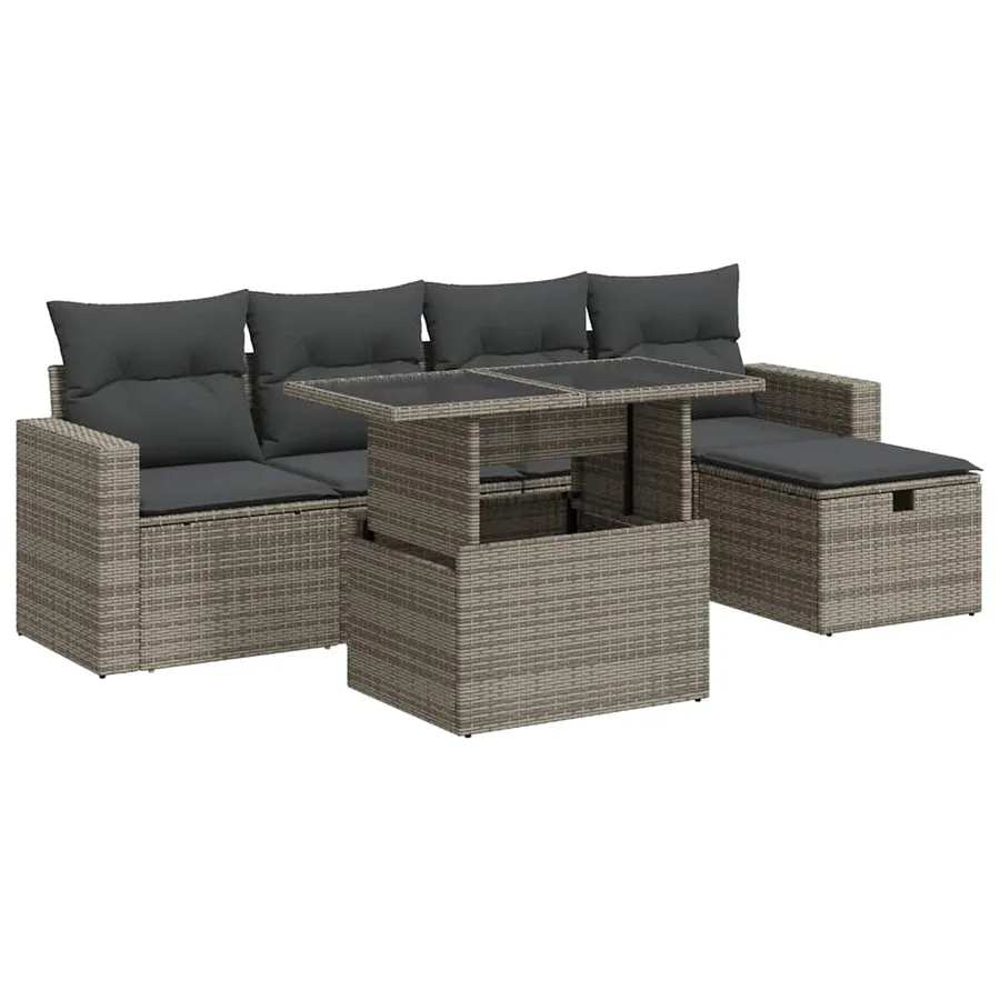 Salon de jardin 6 pcs avec coussins gris résine tressée - 2