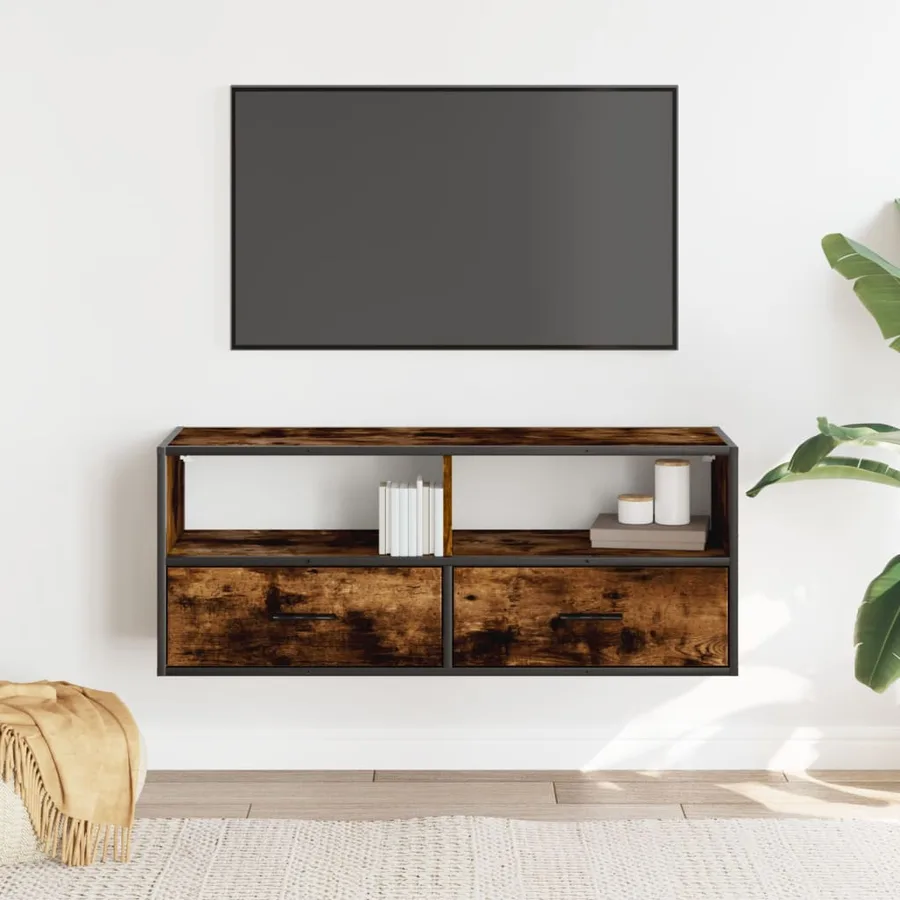 Meuble TV chêne fumé 100x31x39,5 cm bois d'ingénierie et métal - 3
