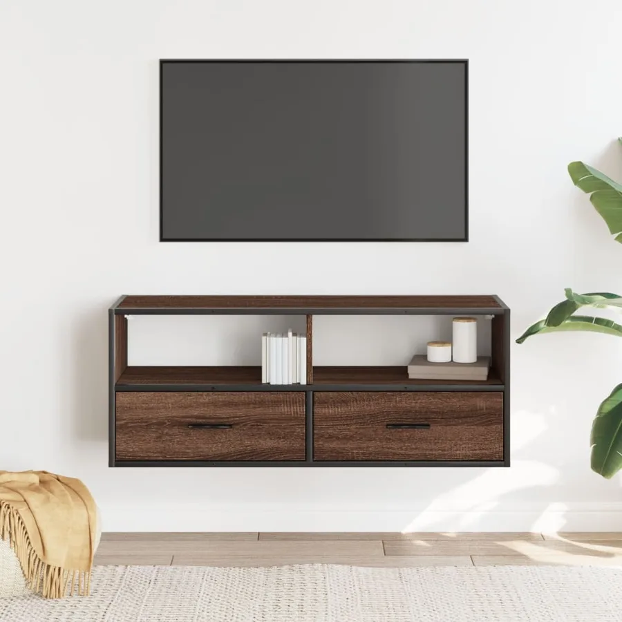 Meuble TV chêne marron 100x31x39,5cm bois d'ingénierie et métal - 3