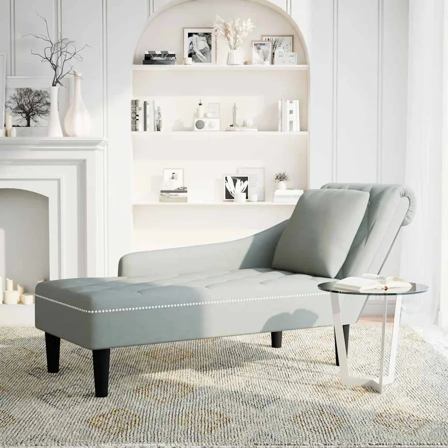 Fauteuil long et coussin et accoudoir droit gris clair velours - 2