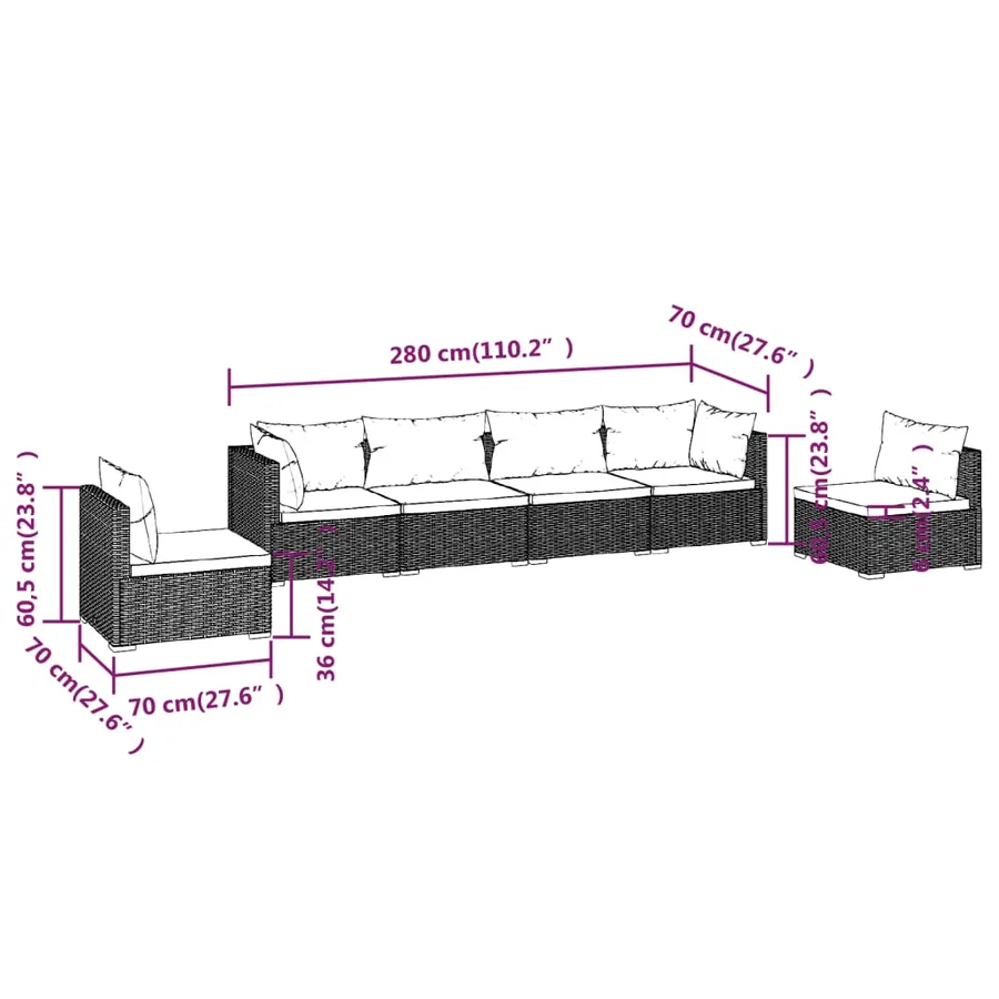 Salon de jardin 6 pcs avec coussins Résine tressée Marron - 7
