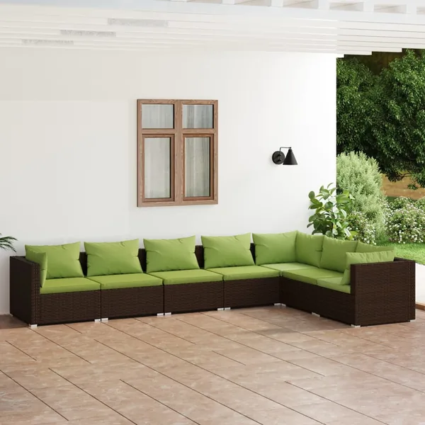 Salon de jardin 7 pcs avec coussins Résine tressée Marron