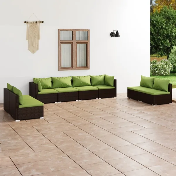 Salon de jardin 8 pcs avec coussins résine tressée marron