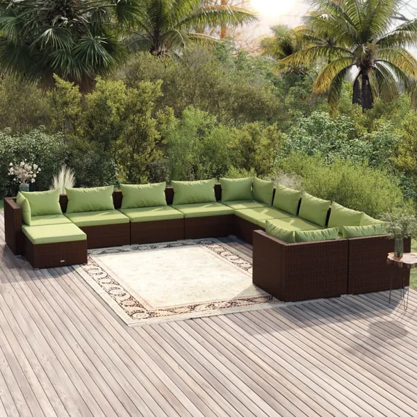 Salon de jardin 11 pcs avec coussins Résine tressée Marron