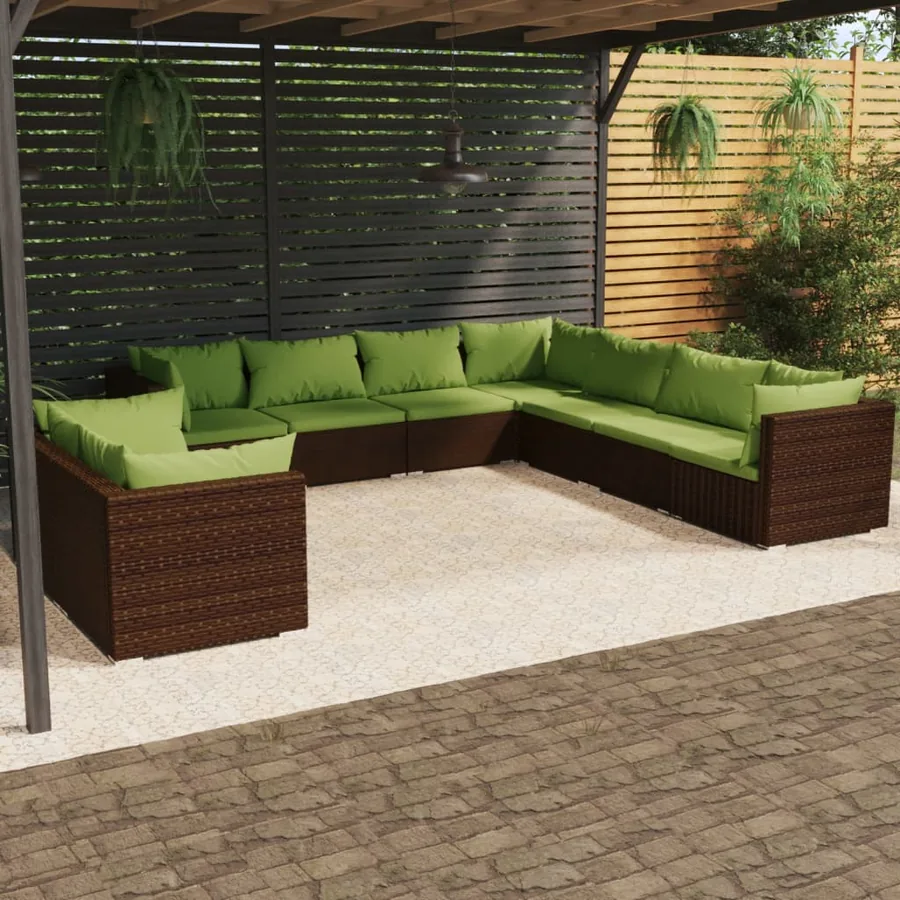 Salon de jardin avec coussins 9 pcs marron résine tressée