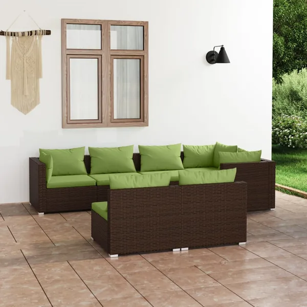 Salon de jardin avec coussins 7 pcs marron résine tressée