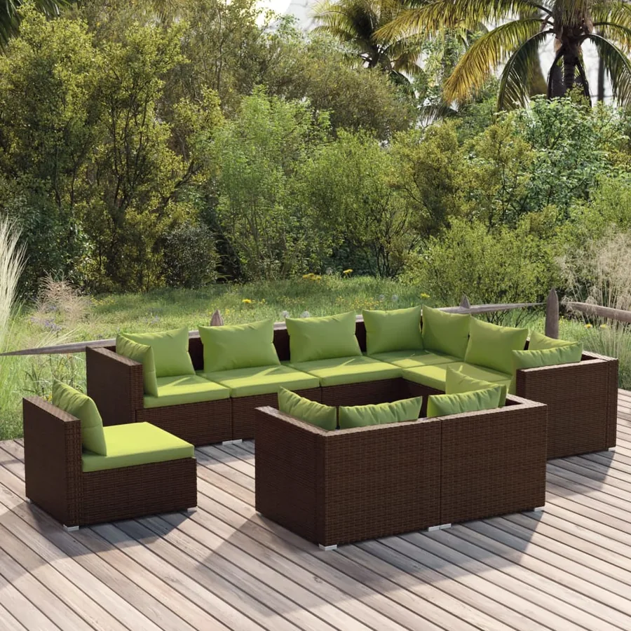 Salon de jardin 9 pcs avec coussins Résine tressée Marron