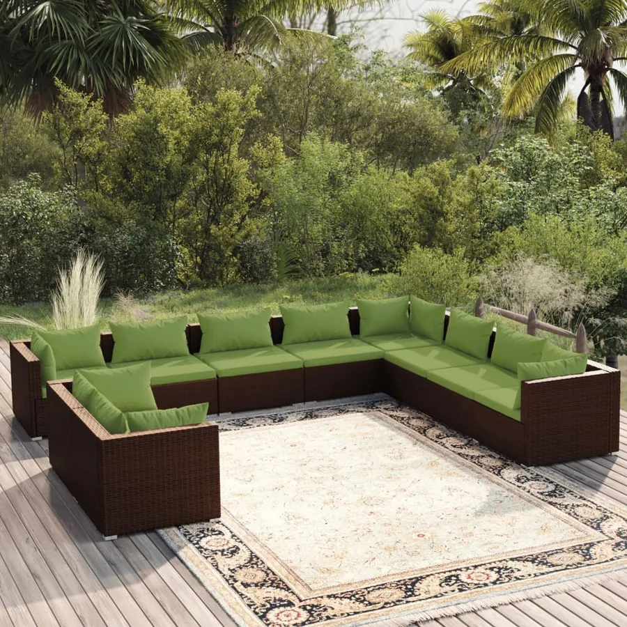 Salon de jardin 10 pcs avec coussins marron résine tressée