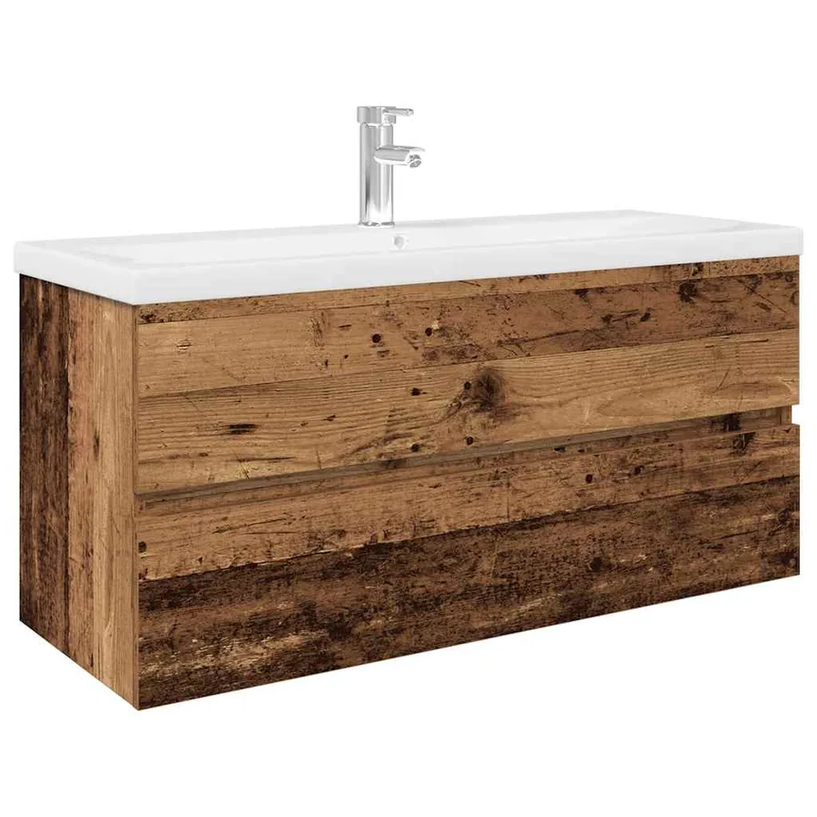 Meuble lavabo avec bassin et robinet intégrés vieux bois - 2