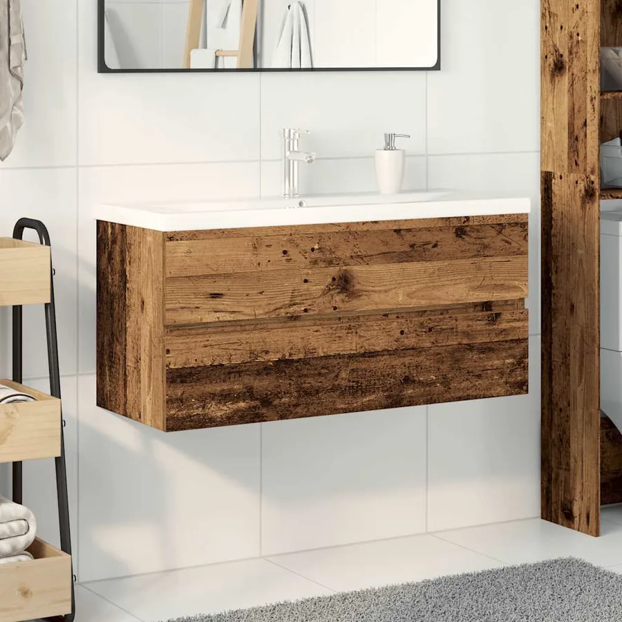 Meuble lavabo avec bassin et robinet intégrés vieux bois - 3