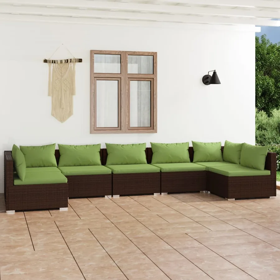 Salon de jardin 7 pcs avec coussins Résine tressée Marron
