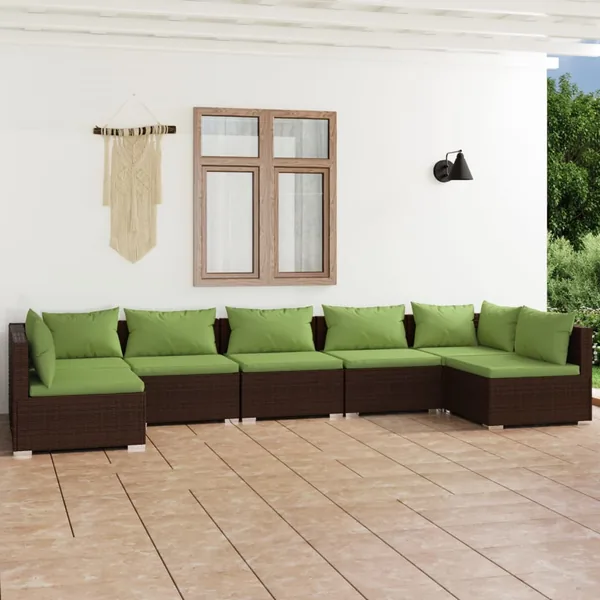 Salon de jardin 7 pcs avec coussins Résine tressée Marron