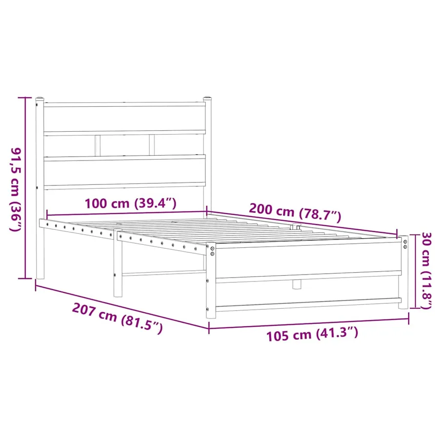 Cadre de lit en métal sans matelas chêne marron 100x200 cm - 9