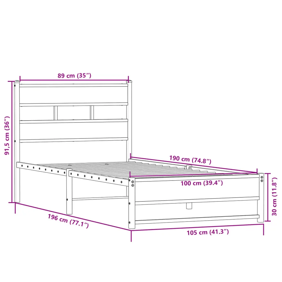 Cadre de lit en métal sans matelas chêne sonoma 100x190 cm - 9