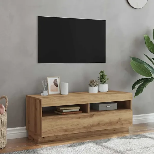 Meuble TV avec lumières LED chêne artisanal bois d'ingénierie