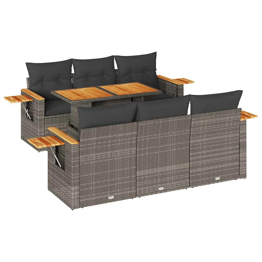 Salon de jardin avec coussins 7 pcs gris résine tressée acacia - 2