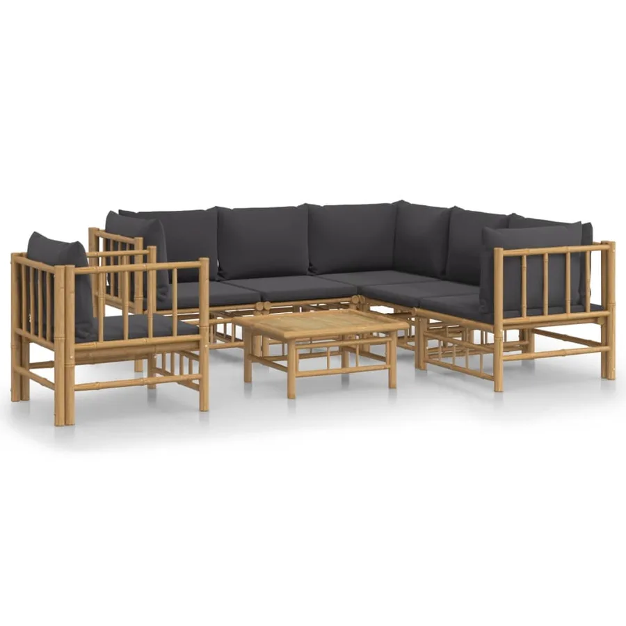 Salon de jardin 7 pcs avec coussins gris foncé bambou - 2