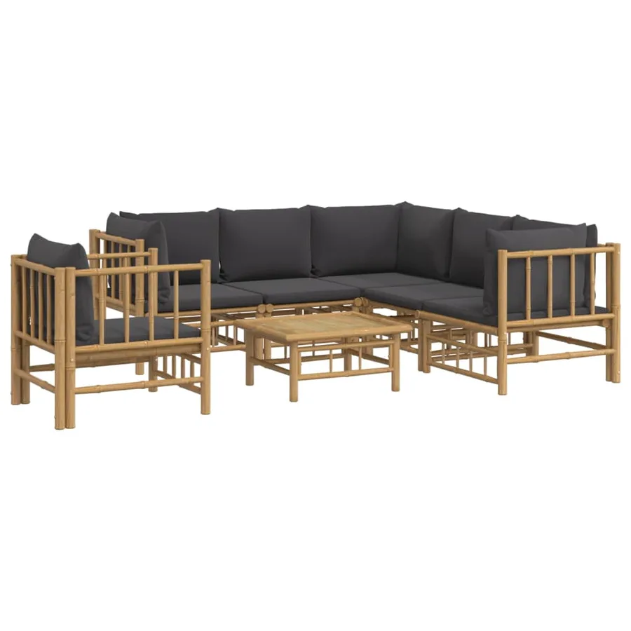Salon de jardin 7 pcs avec coussins gris foncé bambou - 3